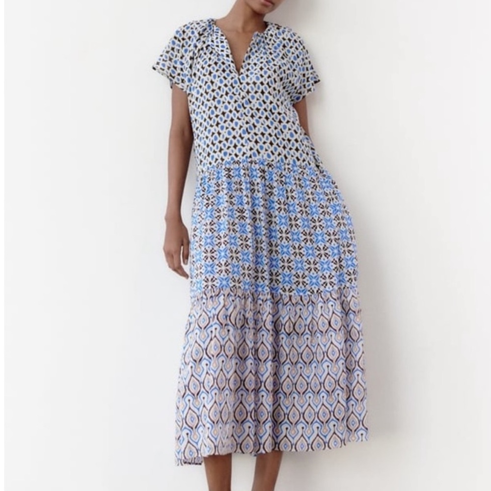 Zara Blue and White Printed Midi Dress